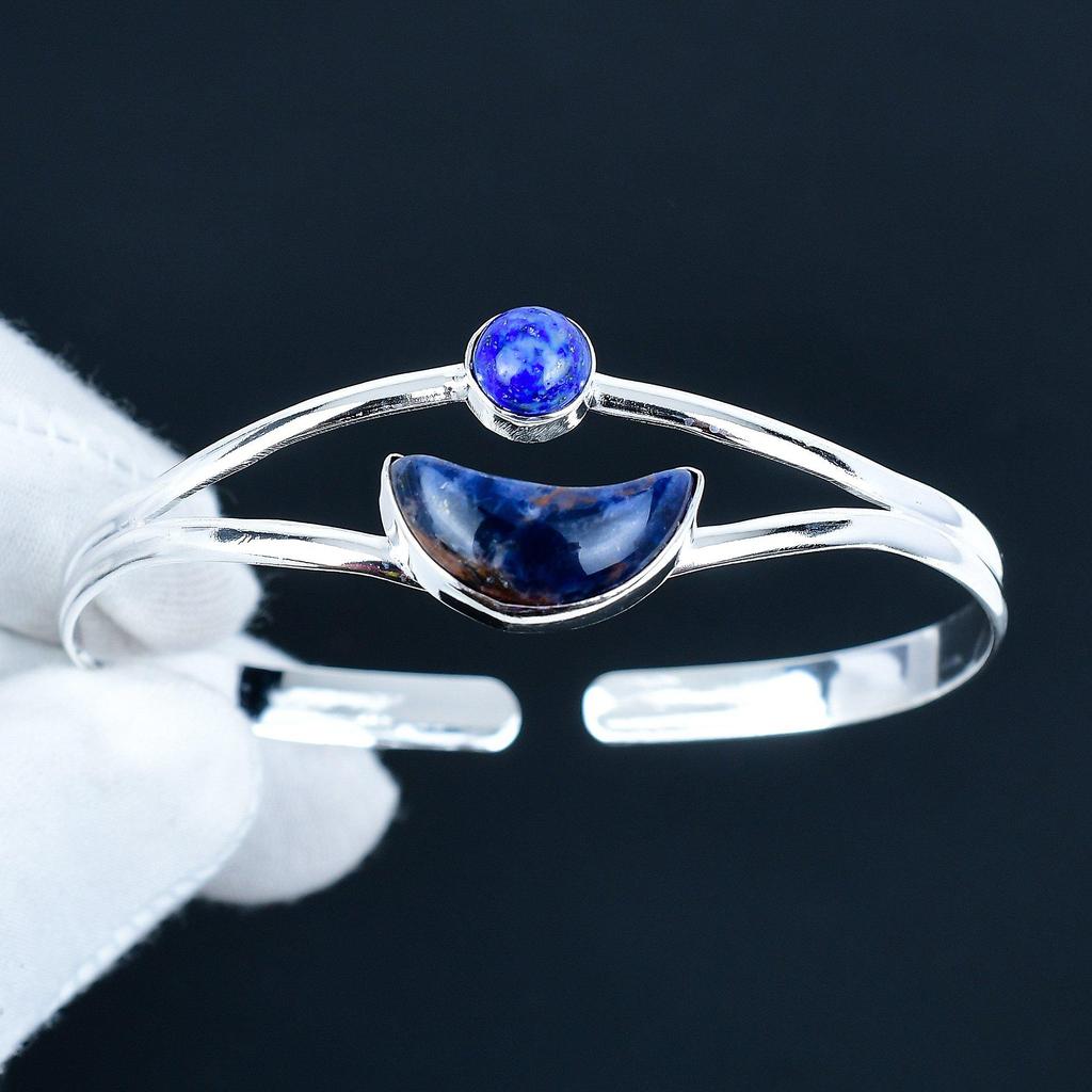 Natural Lapis Lazuli Gemstone Handmade Cuff Bangle 925 Sterling Silver Cuff Bangle, Sodalite Bracelet For Wife , Unisex Bangle, Party Wear Gift