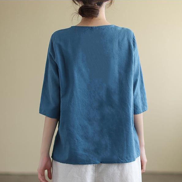 Kvinners Vår/Sommer Litterær Vintage Ensfarvet Kortermet T-skjorte med Broderi og Løstsittende Rundhalset Topp