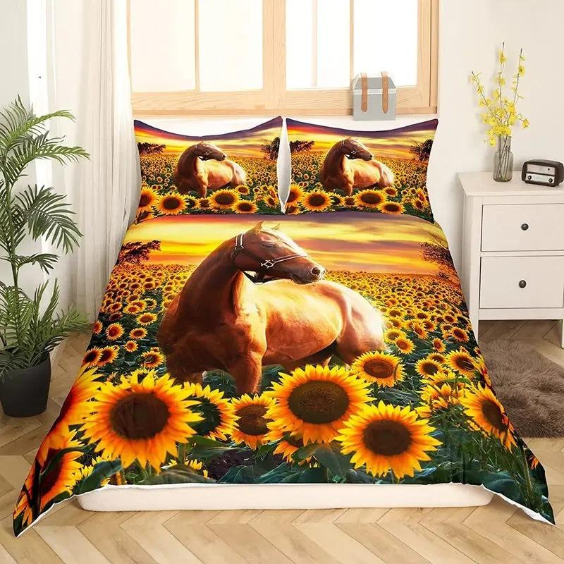 3D Horse Duvet Cover King Queen Size Yellow Sunflower Bedding Collection Floral Animal Theme Quilt Cover Wildlife Soft Comforter Cover