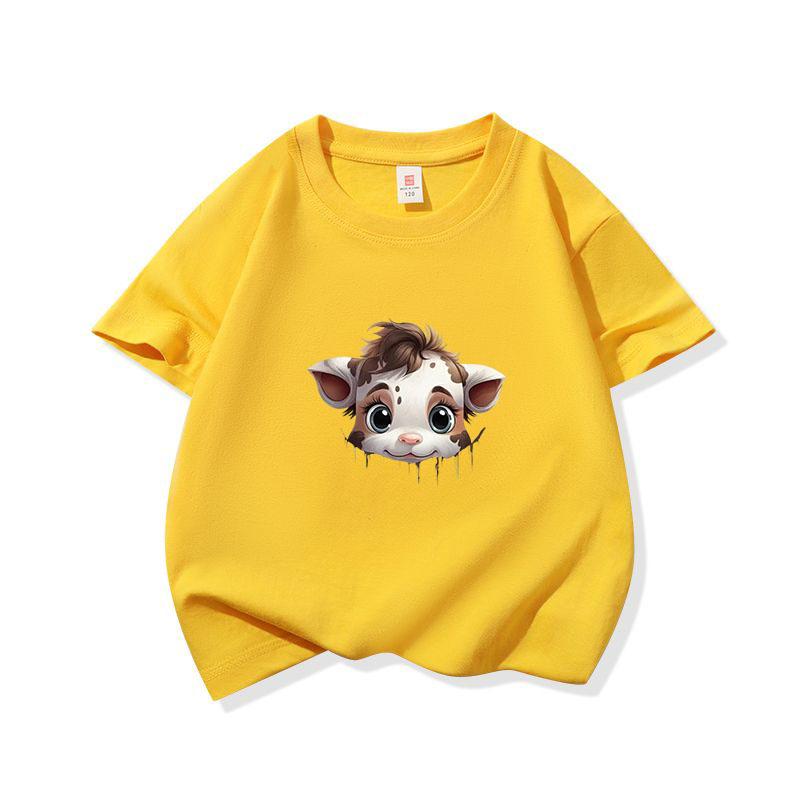 Kids Cotton T Shirt Light Spotted Baby Cow Peeking Print Crew Neck Short Sleeve Tee Casual Boys Girls Summer Tops