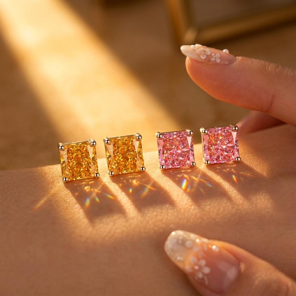 Super Sparkling Princess Cube Ice Flower Powder / Golden Diamond Earrings for Women - Party Birthday Jewelry Gift