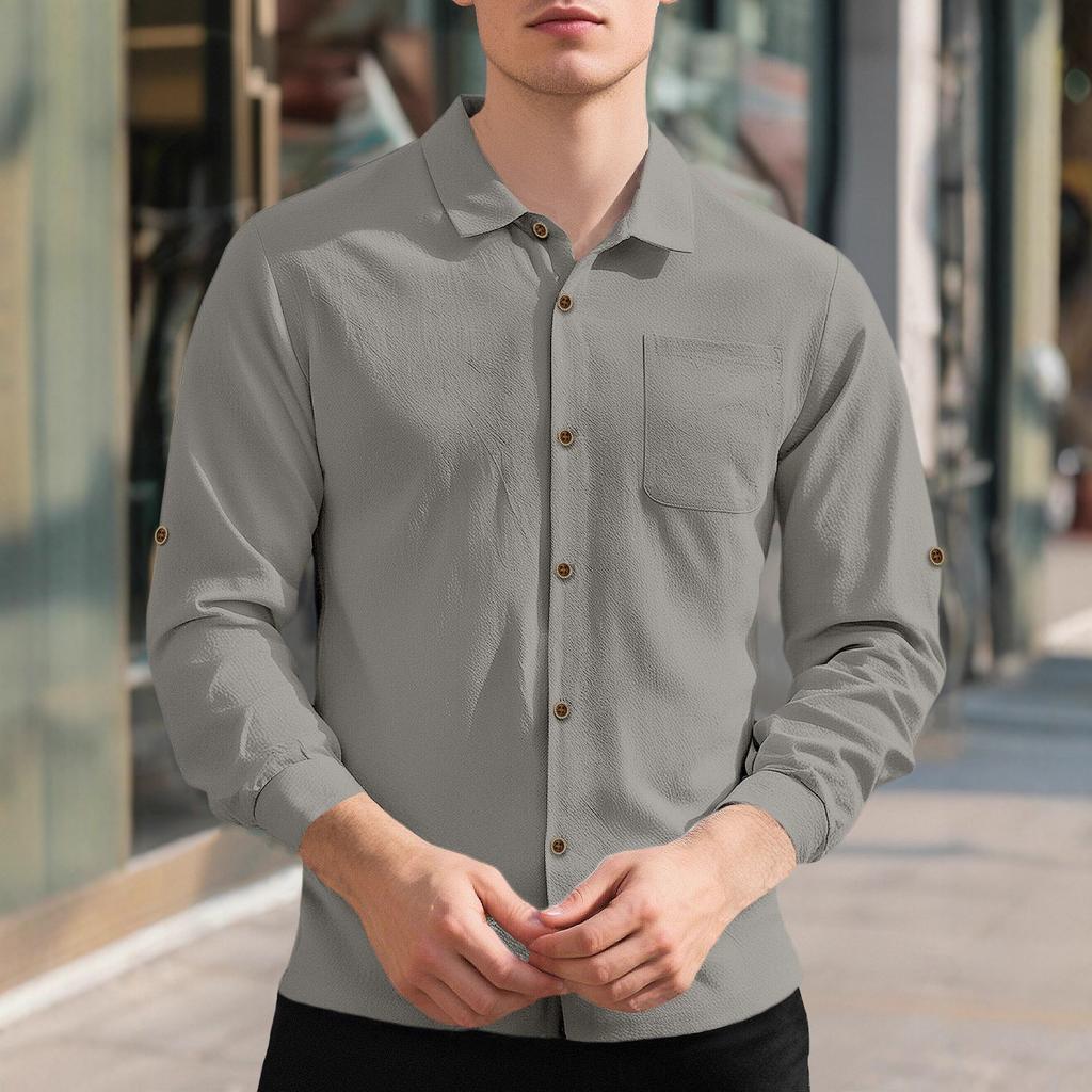 Men's Autumn Linen Cardigan Shirt Solid Color Lapel Casual Long Sleeve Loose Fit Breathable Business Casual Classic