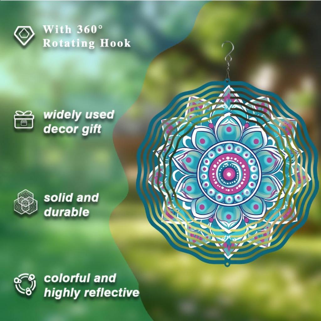10 Inch Mandala Flower Wind Chime Hanging Outdoor Decor Rotating 360 Hook for Courtyard Balcony Garden Spring Summer Autumn Winter