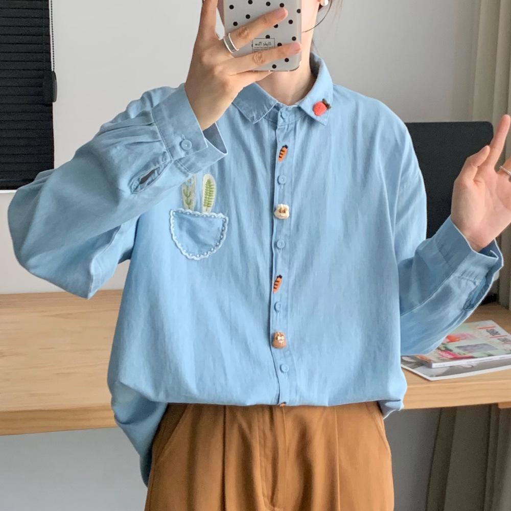 Women's Retro Cartoon Embroidered Cotton Denim Shirt - Long Sleeve, Casual Top for Spring/Autumn 2025