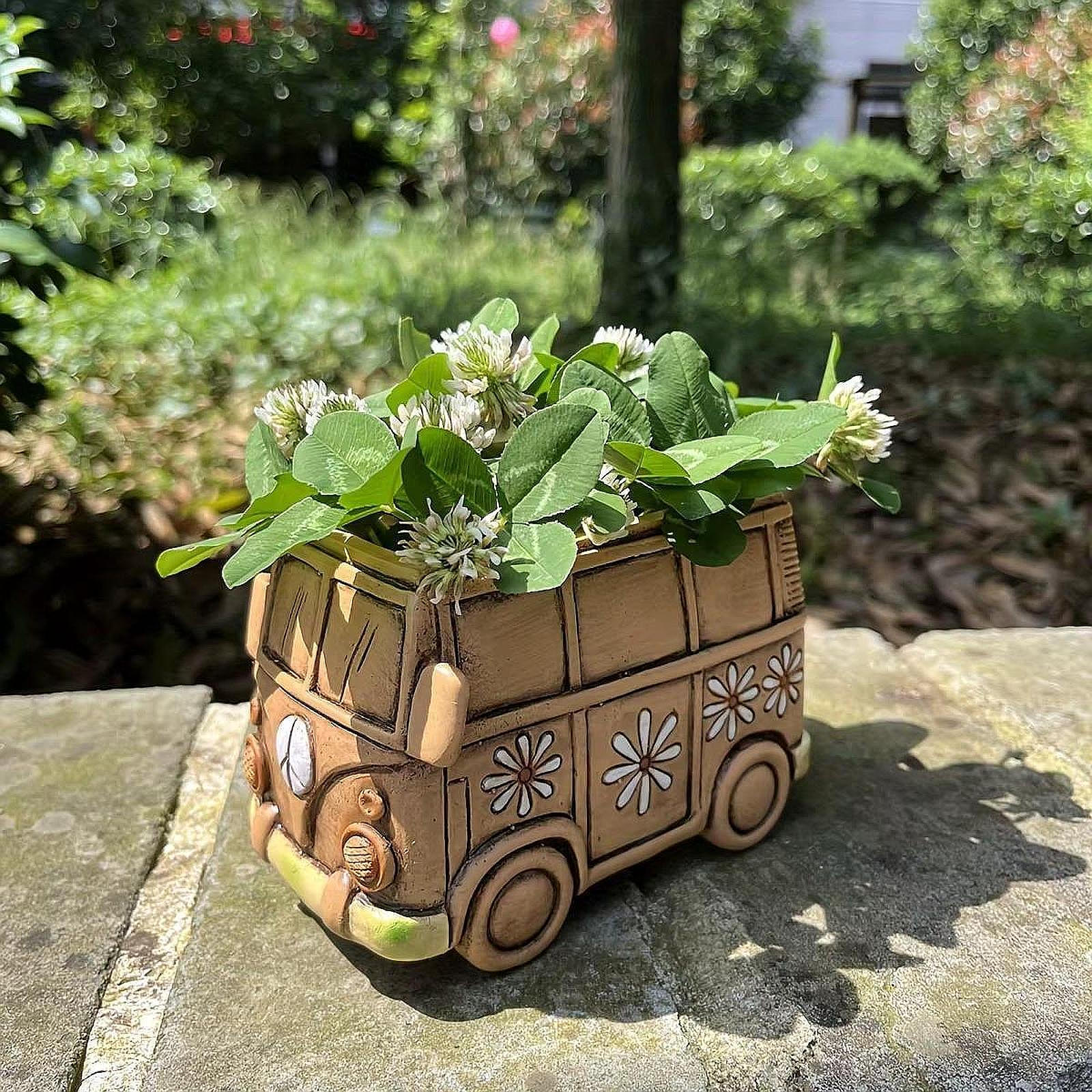 

Flower Pot Resin Planter Versatile Cute Bus Model Collectible Plants Plant Container, for