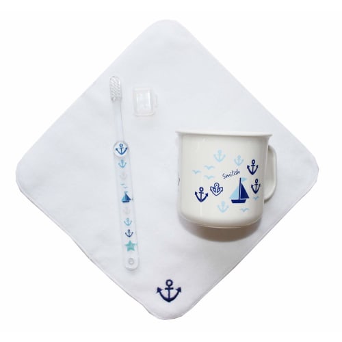 Marine 3-Piece Children's Toothbrush Set (Toothbrush with Cap, Heat-Resistant Cup, Imabari Towel Handkerchief) (White)