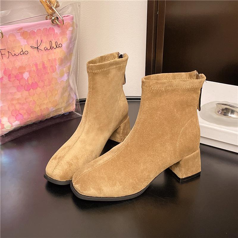 High-heeled brown Martin boots for women's 2025 spring and autumn new super-fire elastic thin boots French thick-heeled small short boots
