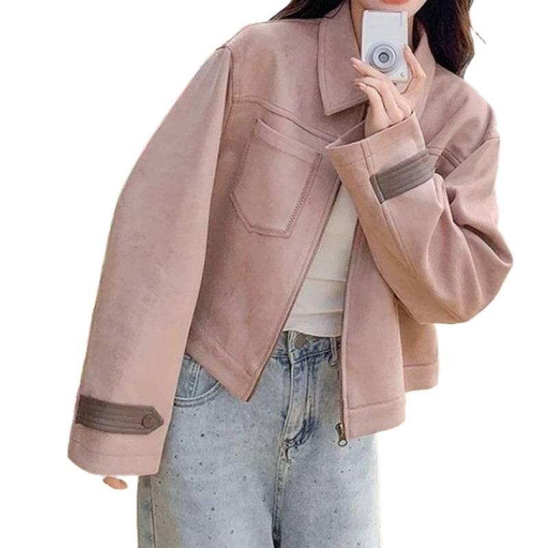 Damen Rosa Wildlederjacke - Frühling/Herbst 2025 Lockerer Lässiger Vielseitiger Stil