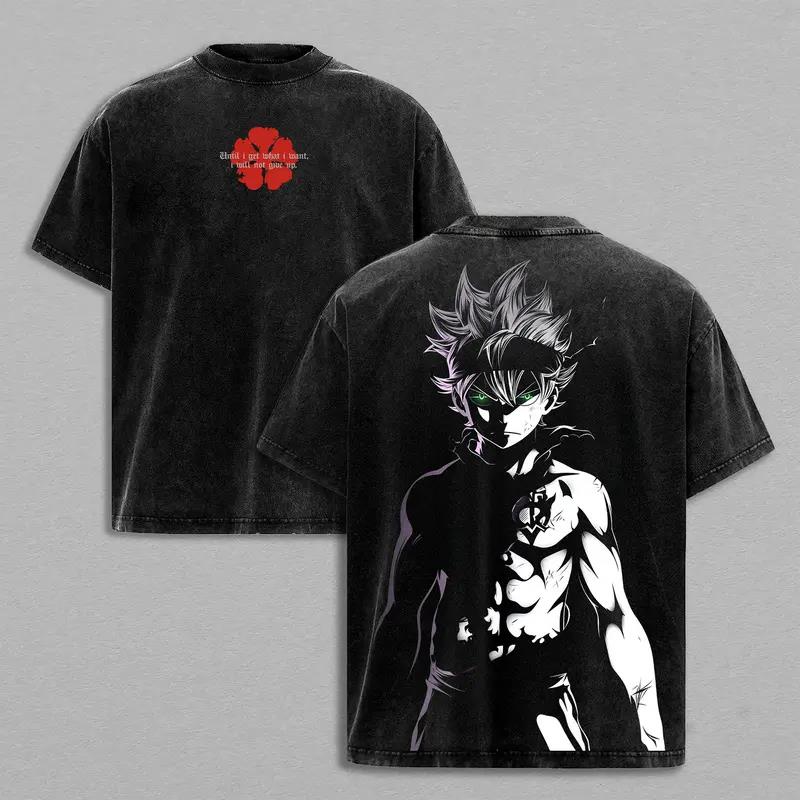 Black Clover Asta Graphic T-shirt Manga Print Vintage Washed Oversized T Shirt Men Women Clothing Cotton Short Sleeve Tee Top