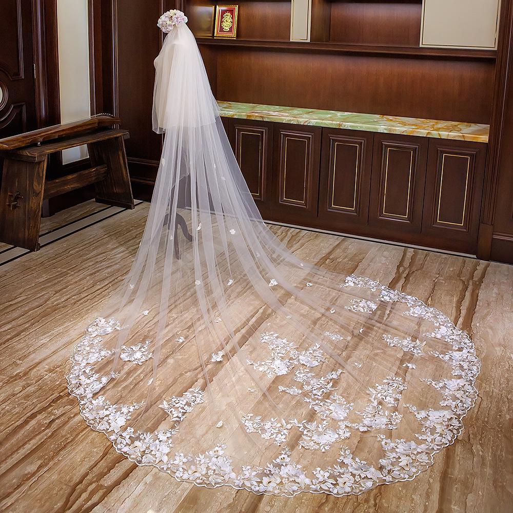 Double Layer 4-Meter Lace Bridal Veil with Extra Long Train - Soft Tulle for Photoshoots