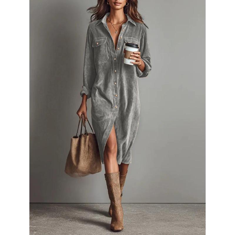 QICED Women's Fashion Solid Color Print Long Sleeve POLO Neck Casual Dresses