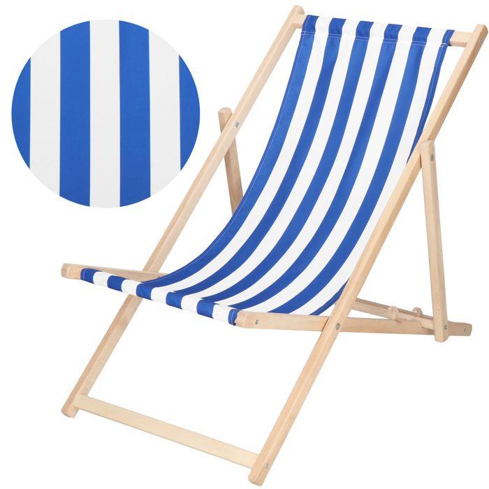 Chaise longue pliante - SPRINGOS - Modèle bois - Hêtre solide - Dossier textile imperméable - Réglable 3 positions