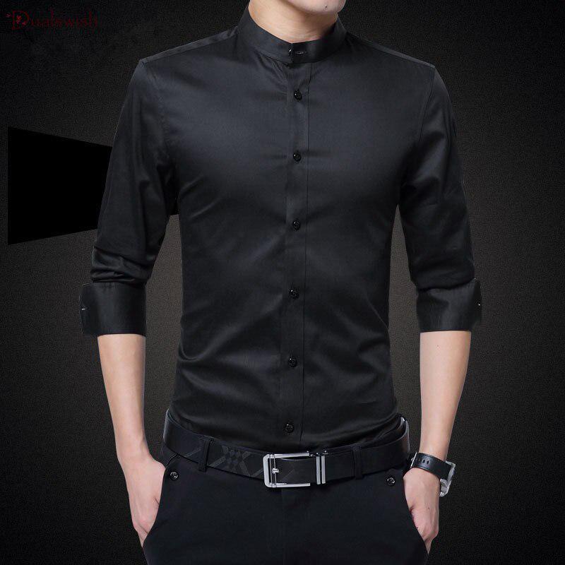 

New Men Shirts Business Long Sleeve Stand Colla Collar Cotton Male Shirt Slim Fit Popular Designs 5XL чорний