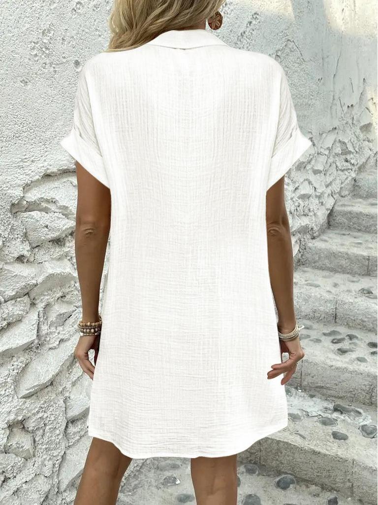 In-Stock European & American Summer Solid Color Casual Lapel Button Shirt Dress for Women