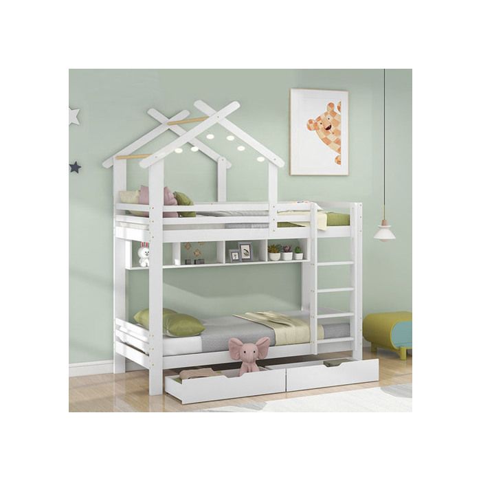 Etagenbett - MUVOE - 90x200cm - Weiß - Mit Schubladen und Regalen - Kindersicher