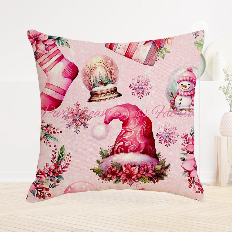 Pink New Christmas Printed Cushion Cover Sofa Bedroom Festive Santa Claus Snowman Pattern Cushion Cover