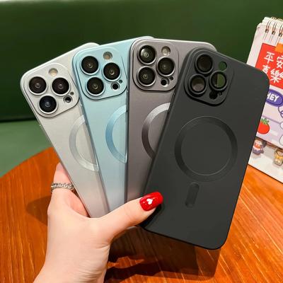 Funda de lujo con carga inalámbrica Magsafe para iPhone 15, 11, 13, 12, 14 Pro Max Plus, funda magnética con protector de lente mate