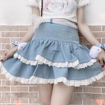 Minifaldas japonesas informales estilo kawaii para mujer, faldas de encaje con vendaje, lindas y esponjosas, estilo princesa Lolita para verano
