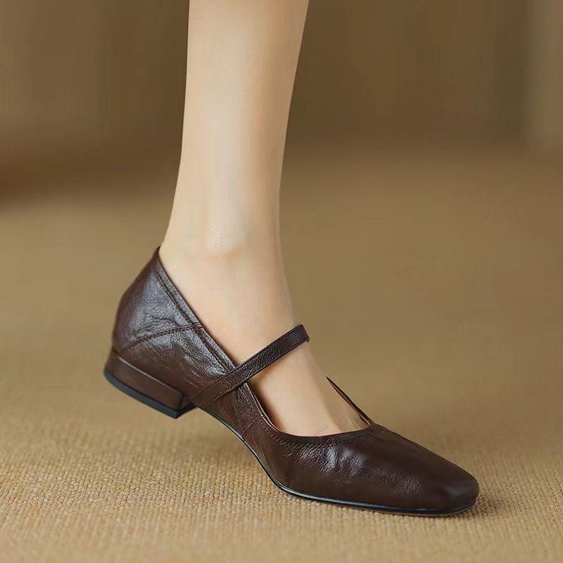 Chaussures Simples à Talons Bas Mode Automne Nouveau Bout Carré Décolleté Un Seul Bride Semelle Souple Antidérapante Résistante à l'Usure Chaussures à Talons Carrés