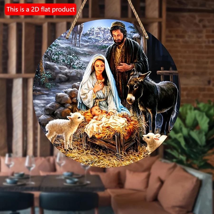 1pc 2d Flat Wood Round Wooden Nativity Wreath Sign Decorative Round Signs - 20cm Wall, Home, Room, Window, Porch, Restaurant, Bar, Cafe Decor, Holiday