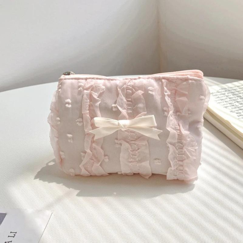 Cute Women Makeup Mini Bag Korean Lace Bow Portable Coin Purse Small Pouch Handbag Kawaii Female Cosmetic Storage Zipper Bag