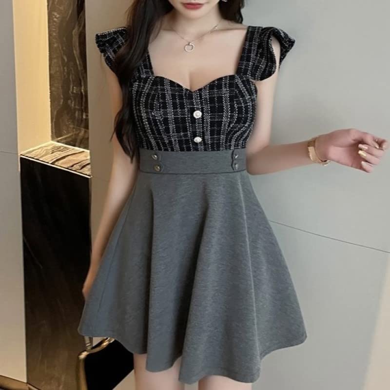 ISLAYCAOLILA DY3 Barbara Mini Club Party Flared Mini Dress Women's Dress, Dress, Dress, Dress, Dress, Checked, Sleeveless, Waist-Clubbed, A-Line