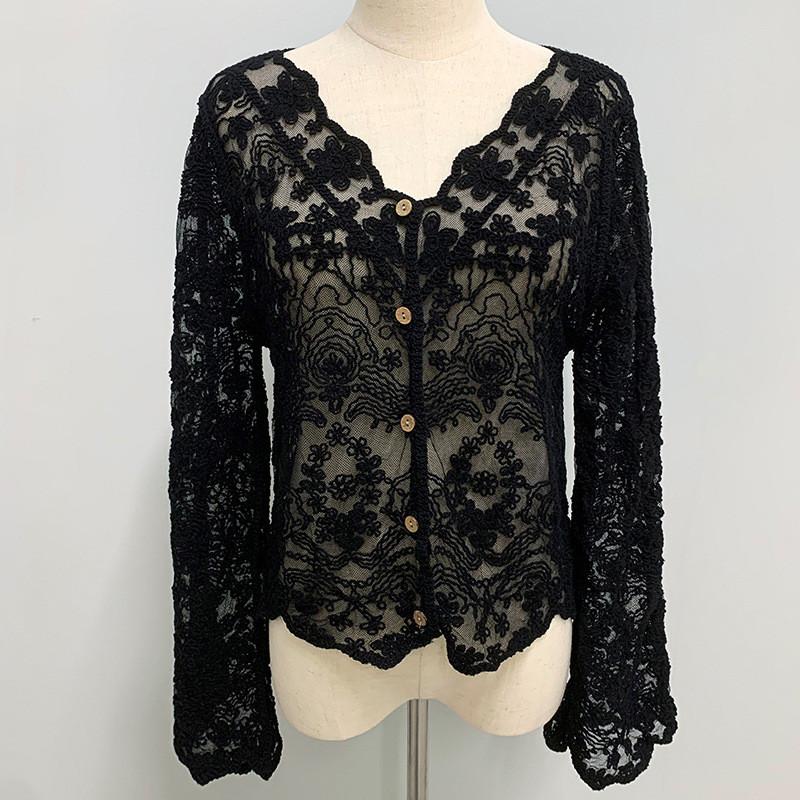 No Inner Wear French Style Lace Cardigan Women Summer New Arrival V Neck Elegant Slim Fit Sheer Outerwear Top With Flare Sleeves