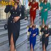 Moda Donna Autunno Inverno Colore Solido Stampa Scollo a V Manica Lunga Abiti Casual