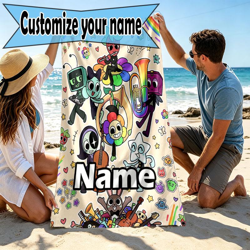 Custom Name Personalized Dandy's World Print Beach Towel, for Trip Camping Beach Party Home Decor, Birthday Gift for Family & Friends