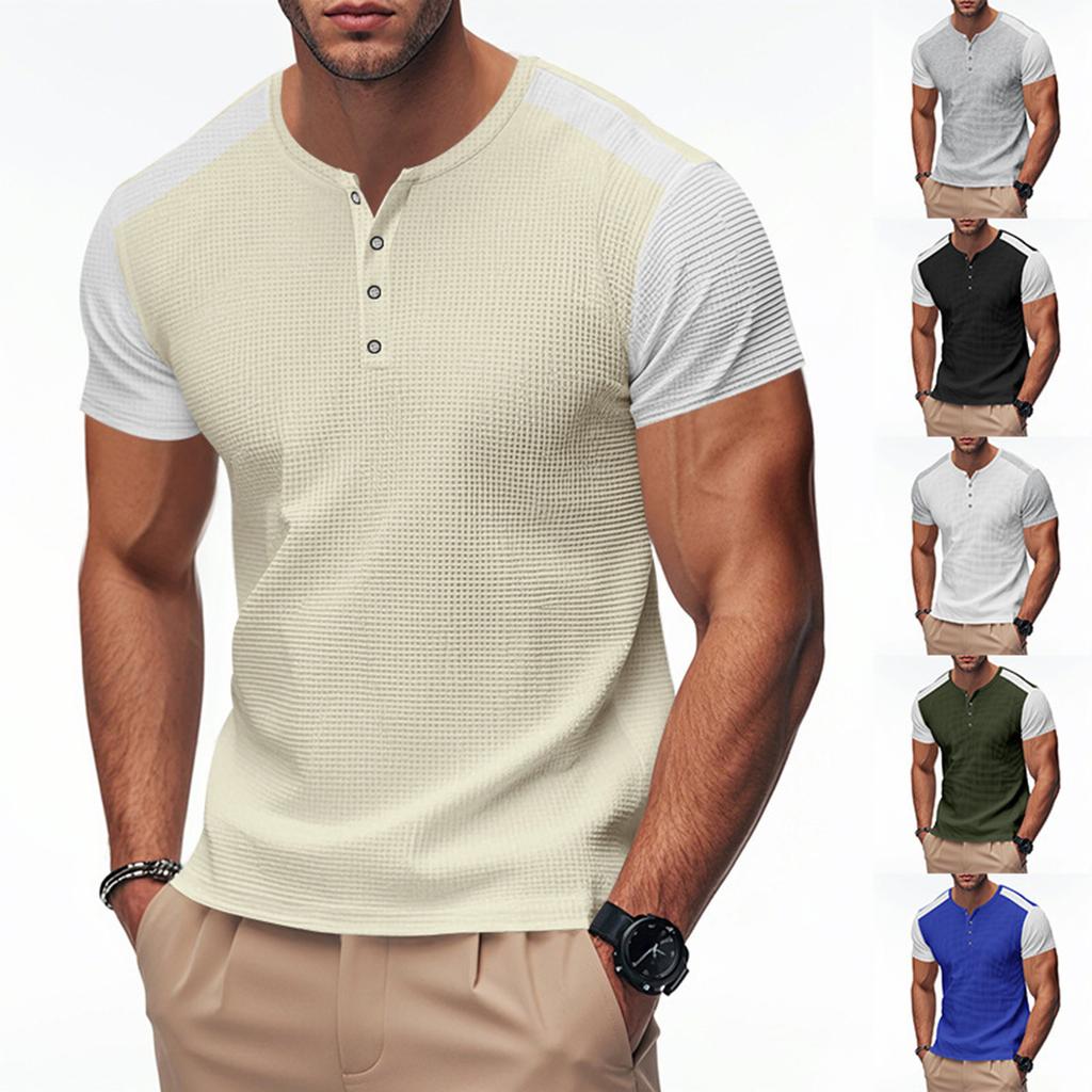 Men's Round Neck Single-Breasted Color-Blocked Casual Sports Short-Sleeve Top