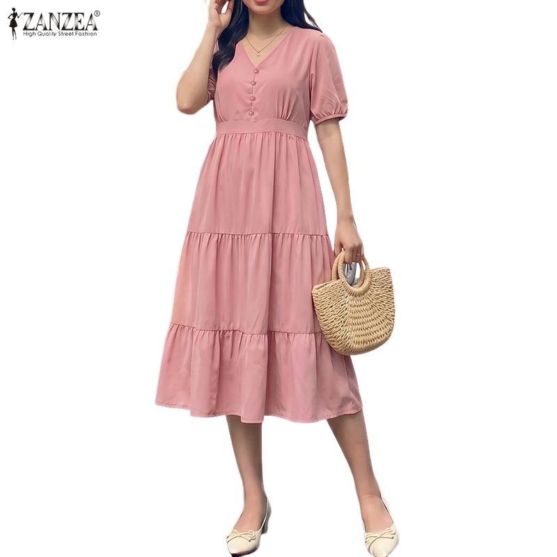 ZANZEA Women Elegant V-Neck Casual Solid Color Short Sleeve Dress