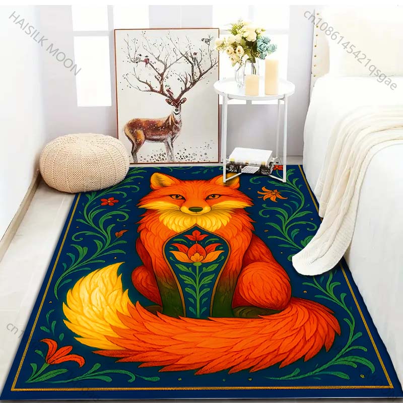 Retro Fox and Flowers Print Carpet for Bedroom Living Room Bedside Sofa Floor Mat Modern Home Decor Area Rug for Gifts