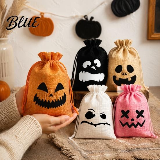 Halloween Party Supplies 5Pcs Candy Bags with Drawstring Funny Ghost Pumpkin Print Gift Pouches for Favors And Trick or Treat Sacks Decorative