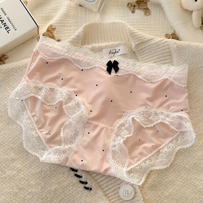 Women's French Polka Dot Lace Trim Breathable Ice Silk Panties