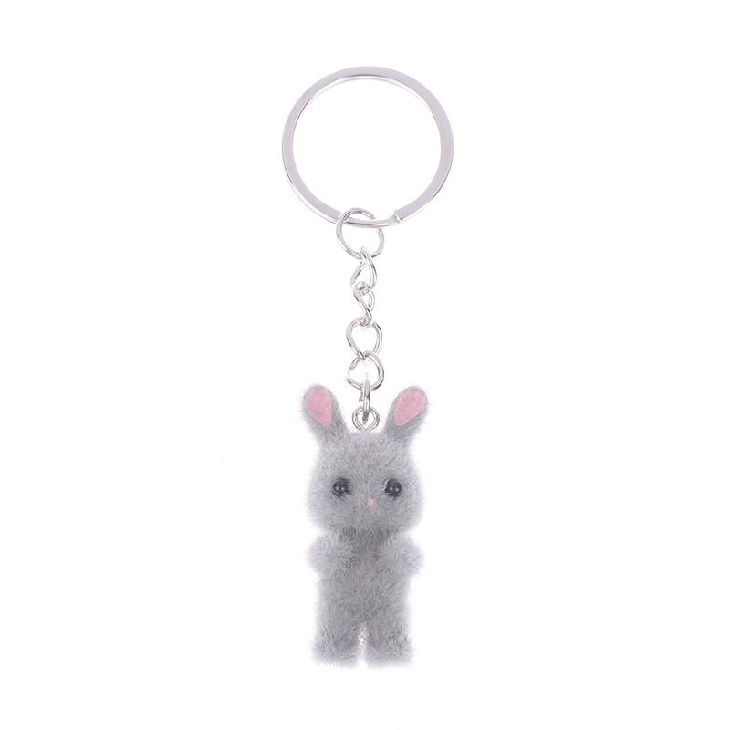 3D Cartoon Flocking Rabbit Keychain Cute Flocked Bunny Animal Keyring Bag Pendant Backpack Charms Car Decor Diy Accessories Gift