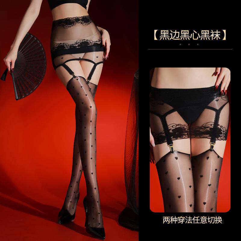 Shiny Stockings Women High Waist Suspender Stocking Set Ultra-Thin Smooth Hosiery Lady Ultra-Thin Tights Heart-Shaped Pantyhose