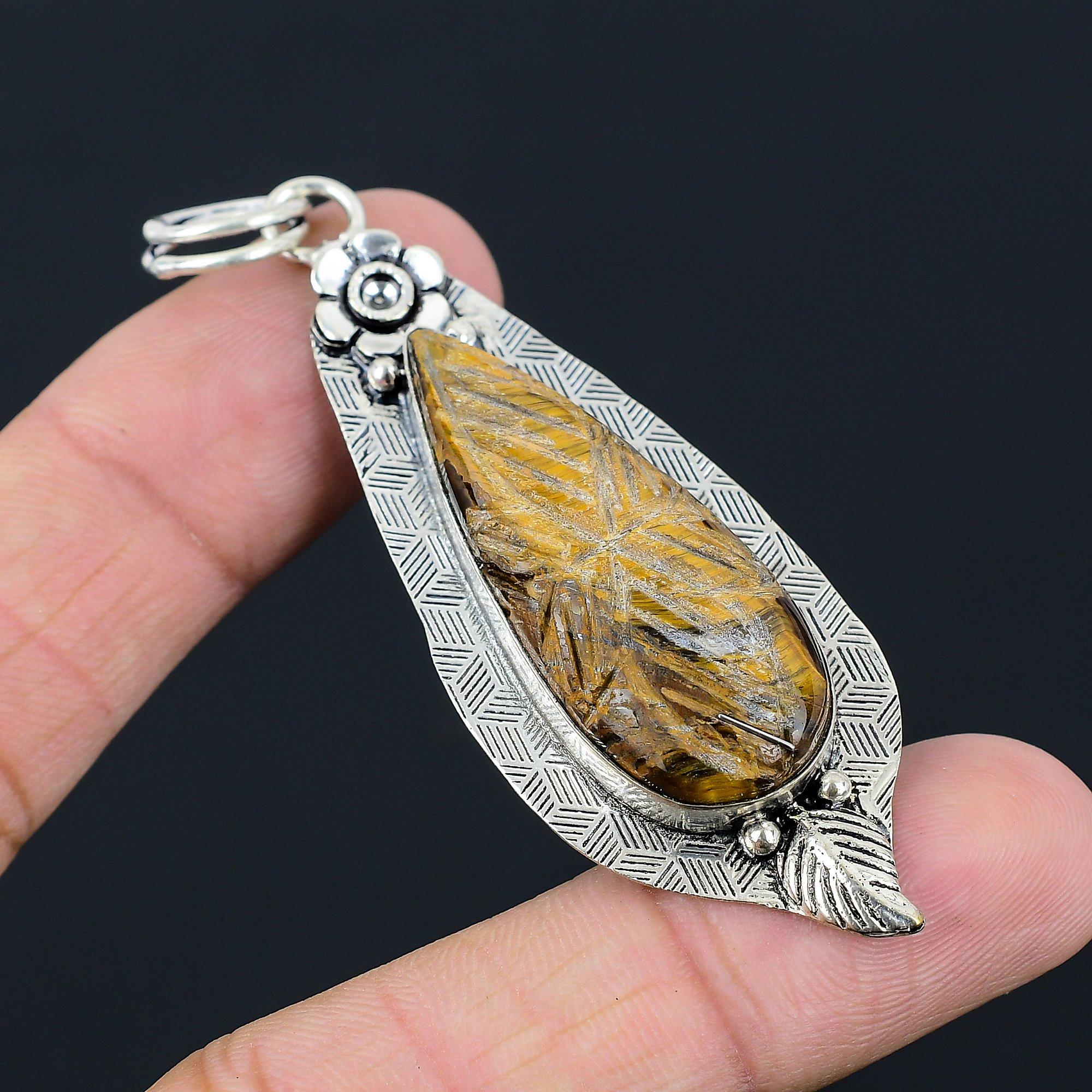 Easter Deal Carved Tiger Eye Stone Sterling Silver Artisan Handmade Wife Pendant