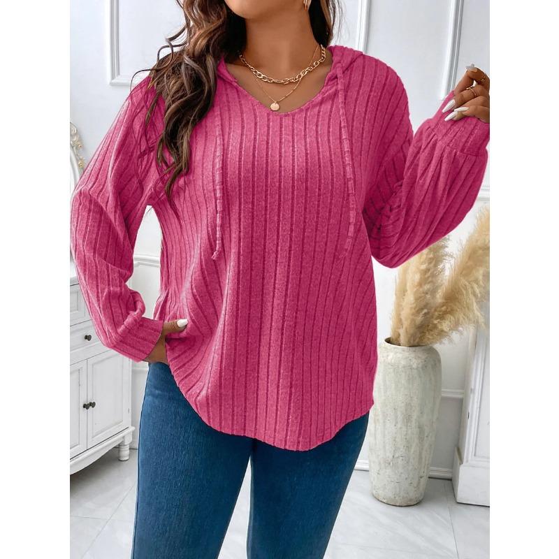 Høstbluse for kvinner Ensfarget Plus Size V-hals Hette Pit-stripe Milled Løse Langermede topper