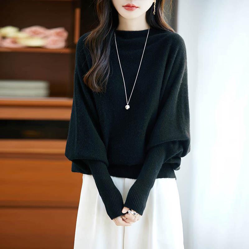 Women's One-Shoulder Batwing Sleeve Knit Sweater - Loose Fit, Lazy Design, Split Hem, Wool Blend for Autumn/Winter