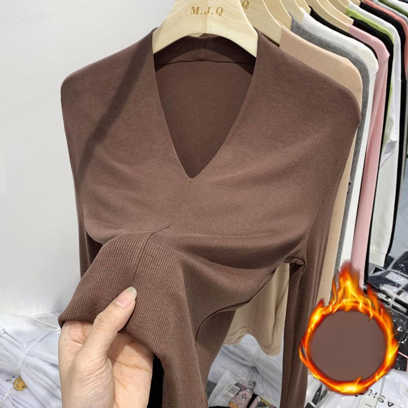 V-neck Long-sleeved T-shirt Women's Spring Clothing New High-end Pure Desire Sexy Slim-fitting Thin Velvet Thin Bottoming Shirt