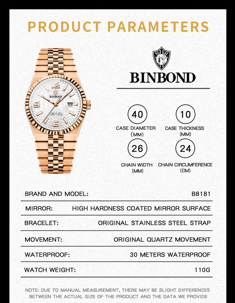 BINBOND Luxury Brand New 8181 Men's Quartz Watch Waterproof Calendar Night Light Fashion Business Men's Watch