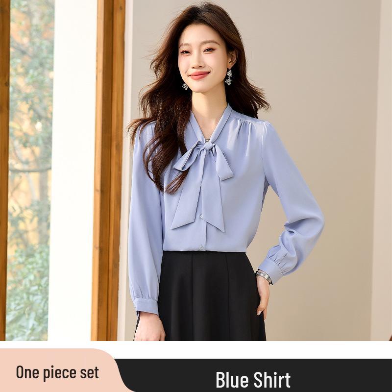 

Women s Long Sleeve Blue Bow Chiffon Blouse - Professional French Workwear 3XL
