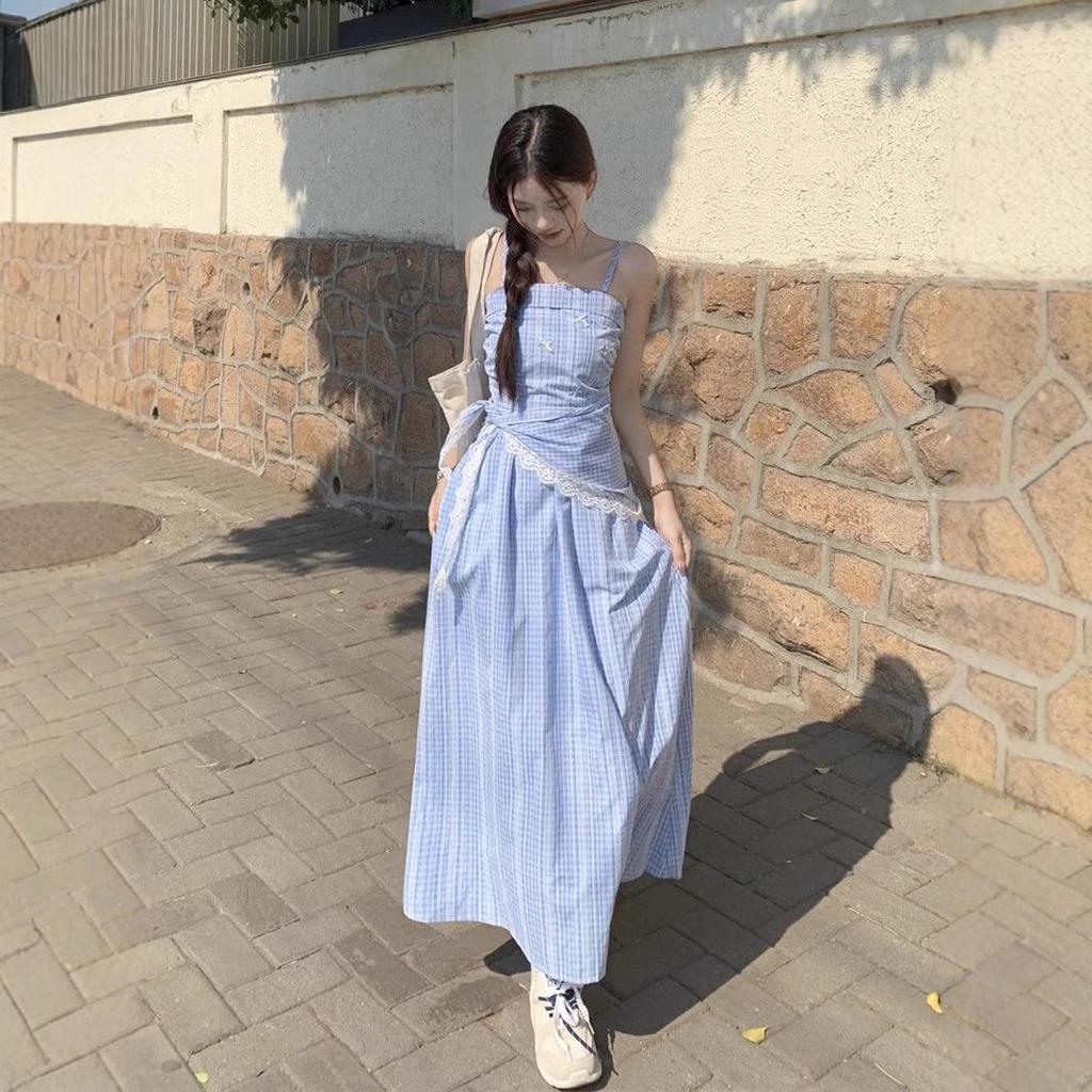 French Blue Checkered Spaghetti Strap Sleeveless Tank Dress - Women's Summer 2025 Seaside Vacation Long Dress