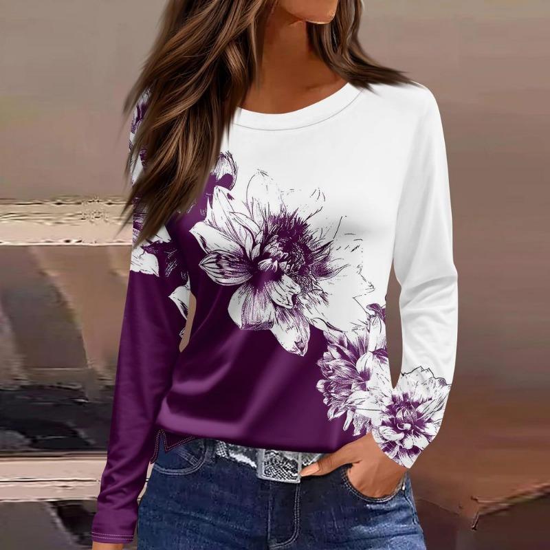 Autumn Women's T-shirt 3D Floral Butterfly Print Fashion Long Sleeve Round Neck Regular Tops Holiday Weekend Spring and Autumn Clothing