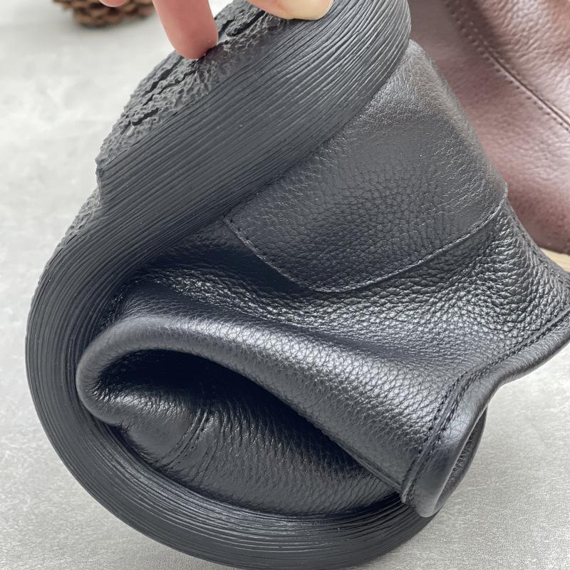 Johnature Handmade Genuine Leather Ankle Boots Casual Round Toe Side Zipper Soft Soled Cowhide Women's Shoes