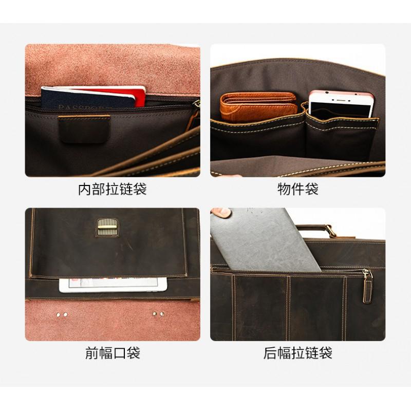 Genuine Leather Retro Men's Business Briefcase Crazy Horse Large Capacity Lock Anti-theft Computer Bag Handbag Men