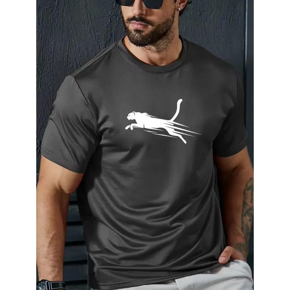 Modny T-shirt męski z wygodnej bawełny w panterkę, T-shirt ze wzorem do noszenia latem, Odzież męska