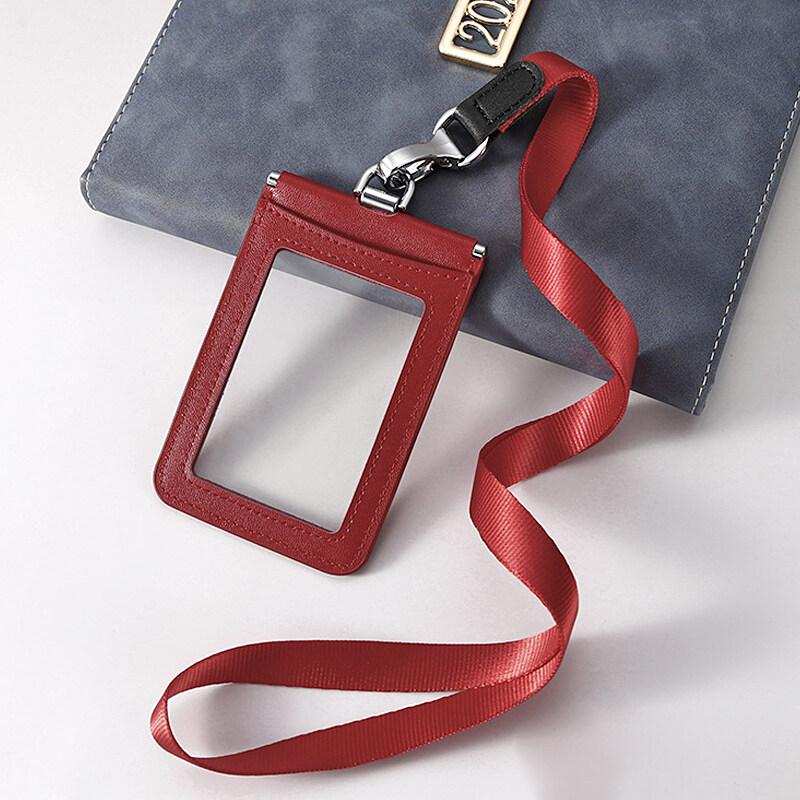 2-Sided Transparent Window Badge Holder ID Business Work Card Holders Genuine Leather Card Case with Lanyard (Can Hold 4 Cards )