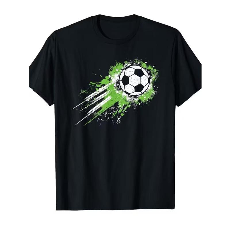 

European Size Men s black T-shirt with ink-splatter football print, green and white contrasting dynamic track pattern, round-neck short-sleeve top 4XL
