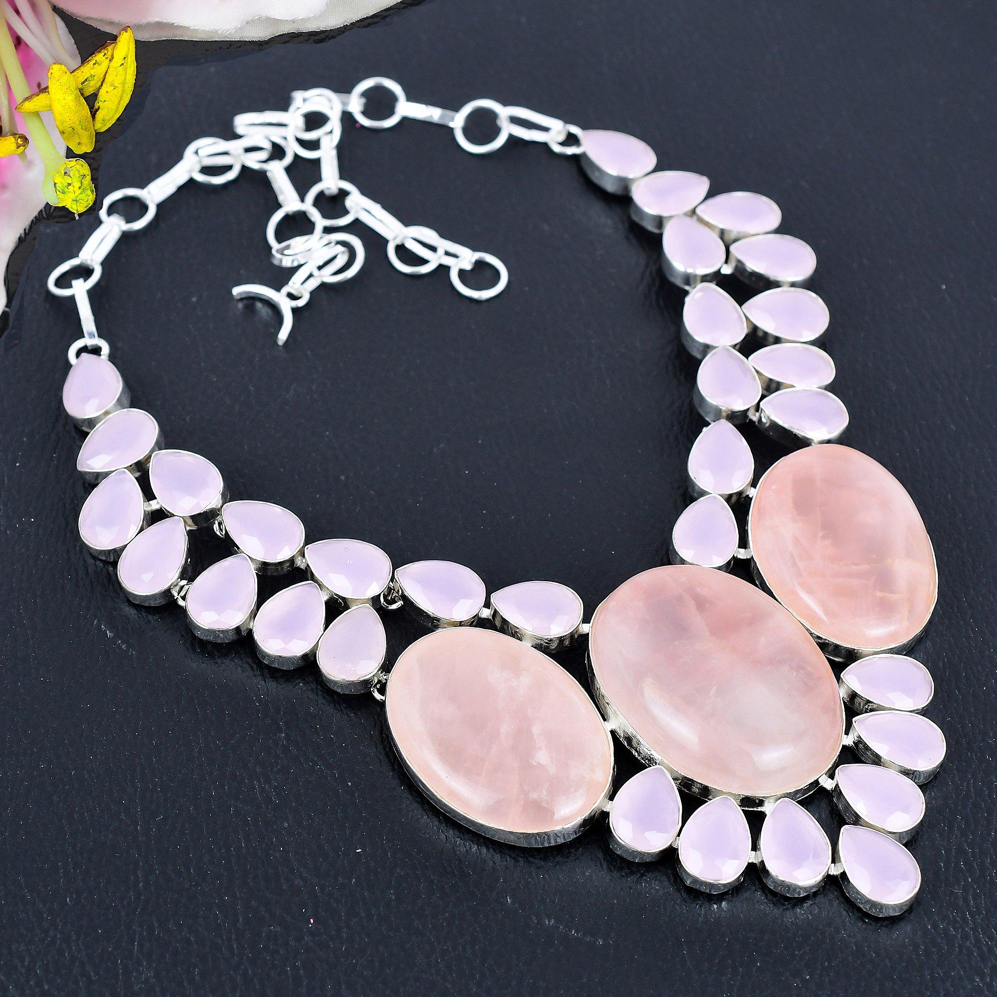 

Rose Quartz, Chalcedony Gemstone 925 Sterling Silver Jewelry Necklace 18 KG-1853